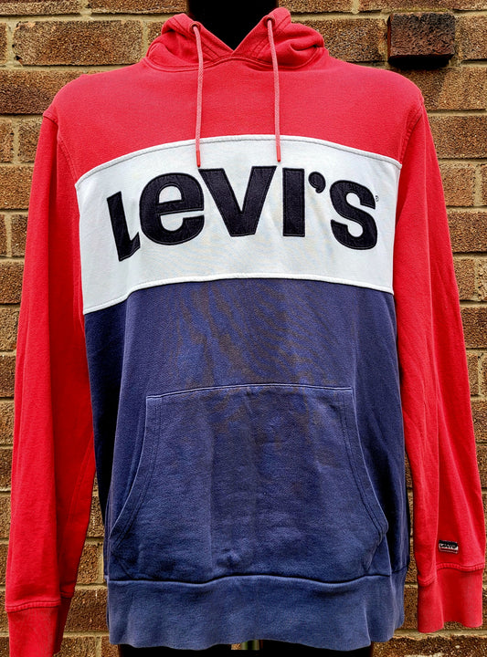 Levi's colour block hoodie in red, white and navy with oversized embroidered log drawstring hood front pouch pocket