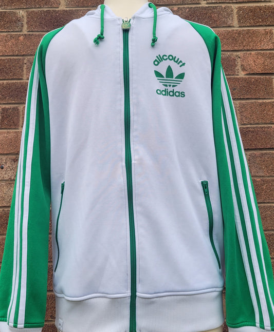Vintage Adidas Originals “Allcourt” Track Jacket – White Green – Hooded – Full Zip – Size Small