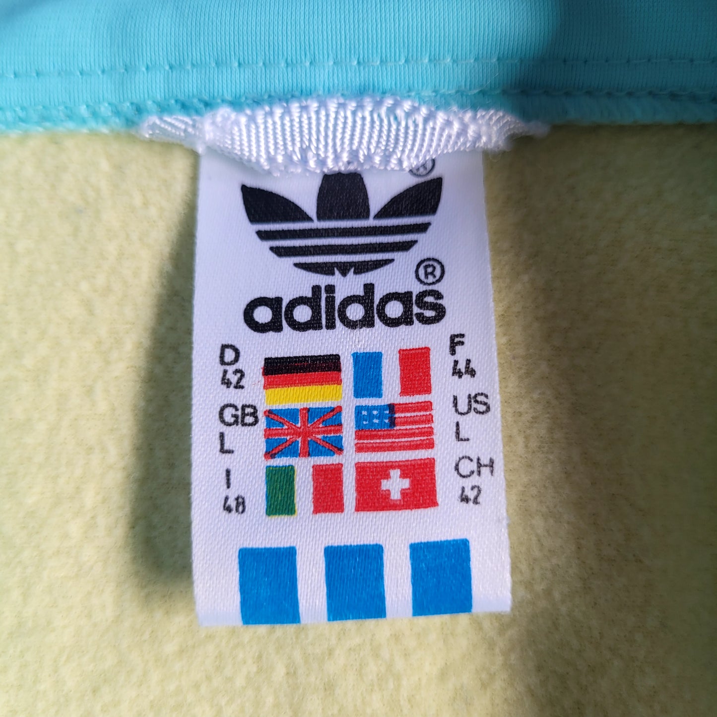 Vintage adidas Originals Track Jacket Ice Blue / Pale Yellow Colourblock Trefoil Zip Top Late 80s West Germany Size: GB - L